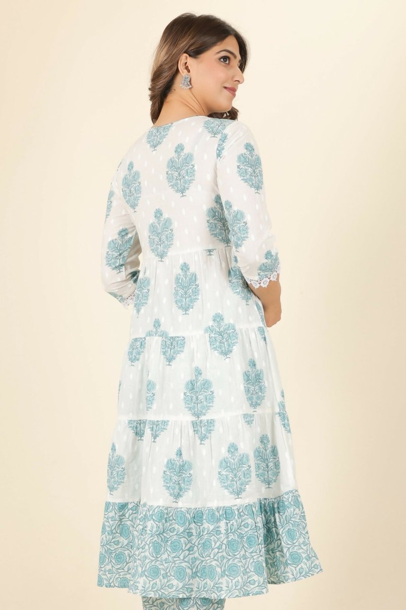 Aramya White Soft Cotton Block Anarkali Kurta for Women