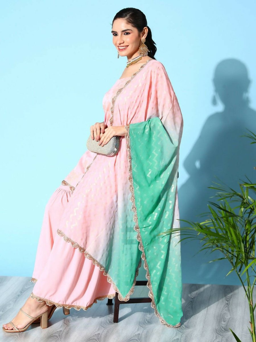 Ahalyaa Women's Baby Pink Crepe Gold Smoke Printed Kurta Sharara Set With Dupatta