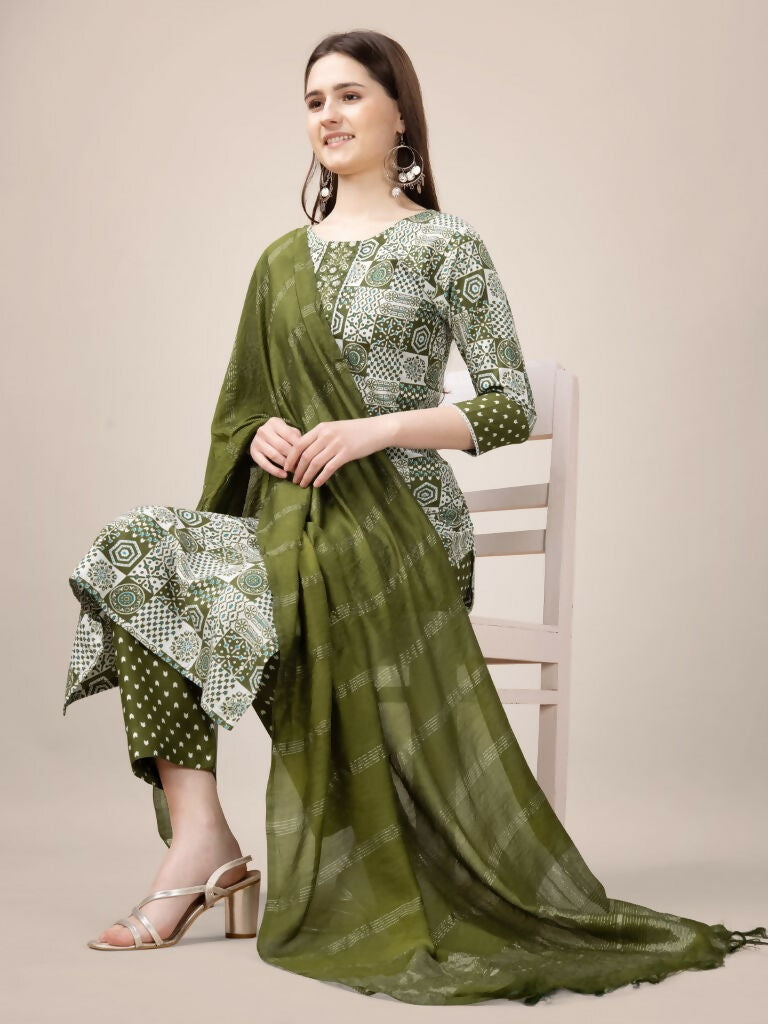 Jyoti Fashion Women's Mehendi Rayon Print with Embroidery & Fancy Lace Work Kurta with Trouser & Dupatta