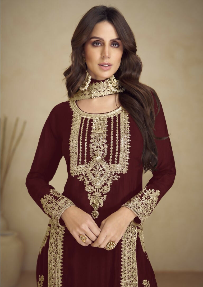 Vastranavya Gorgeous Maroon Faux Georgette with Embroidery 3mm Sequence & Coding Work Pakistani Straight Pant Suit