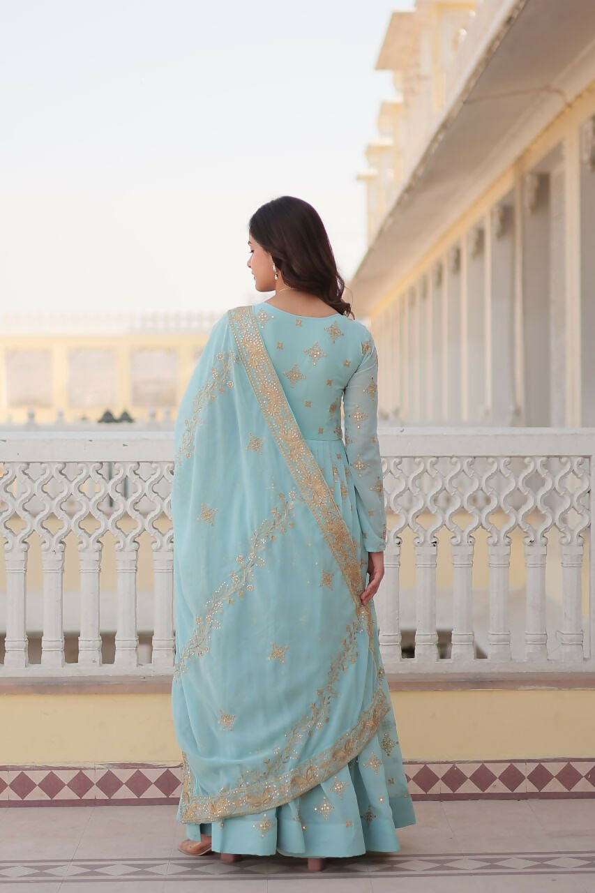 Vastranavya Faux Georgette with Zari & Sequins Embroidery Work Gown with Dupatta - Turquoise