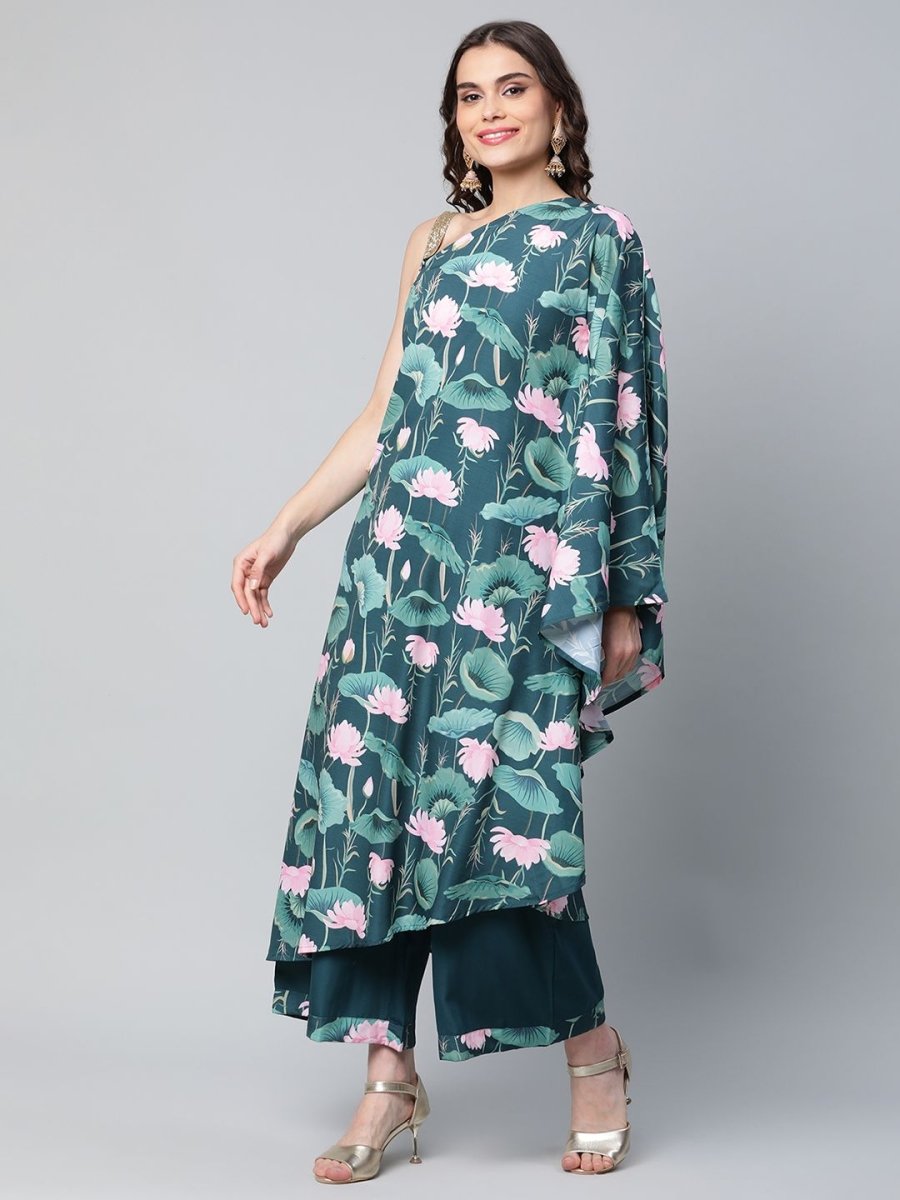Ahalyaa Women Green Crepe Floral Printed Kurta with Palazzo Set