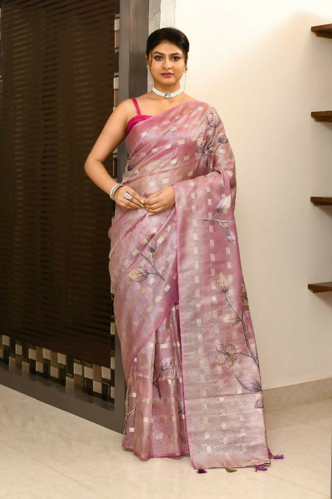 Joban Fashion Purple Saree Tissue Zari Buti Allover Applick With Contrast Blouse