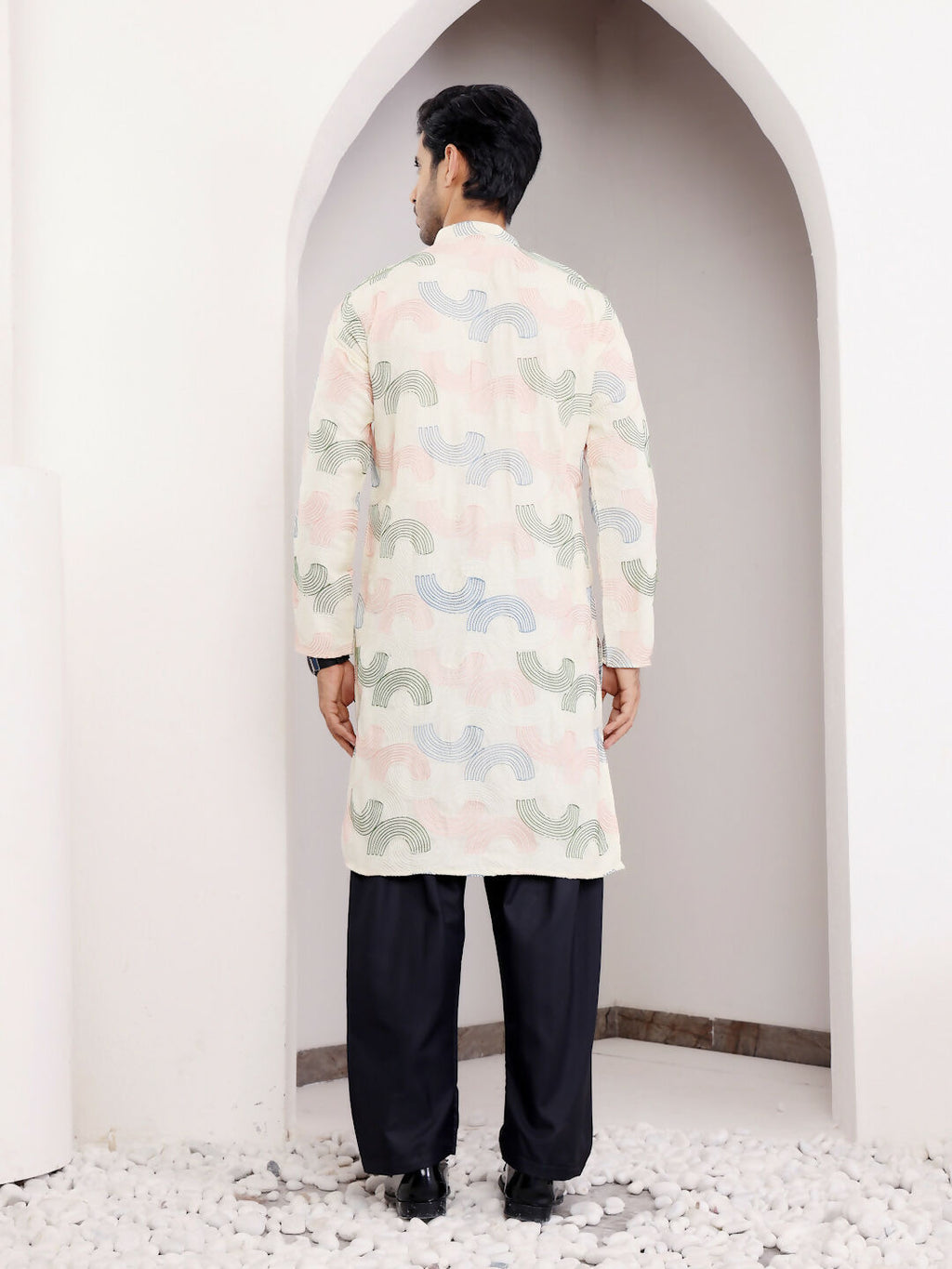Cream Linen Designer Embroidery Work Men's Rajwadi Kurta Set - Mahotsav