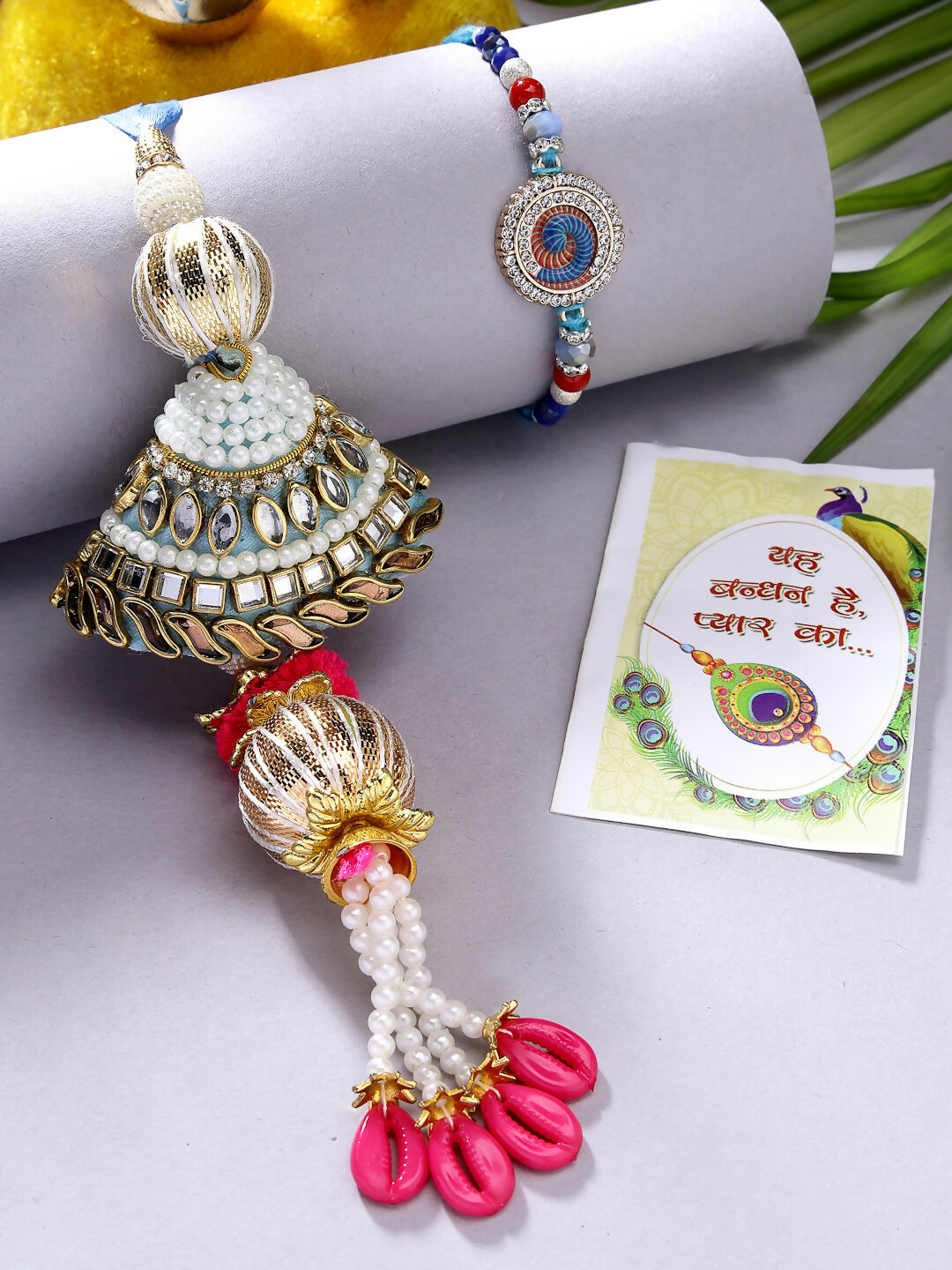 NVR Women & Men Set of 2 Blue Kundan-Studded & Beaded Bhaiya Bhabhi Rakhi With Roli Chawal & Chocolate