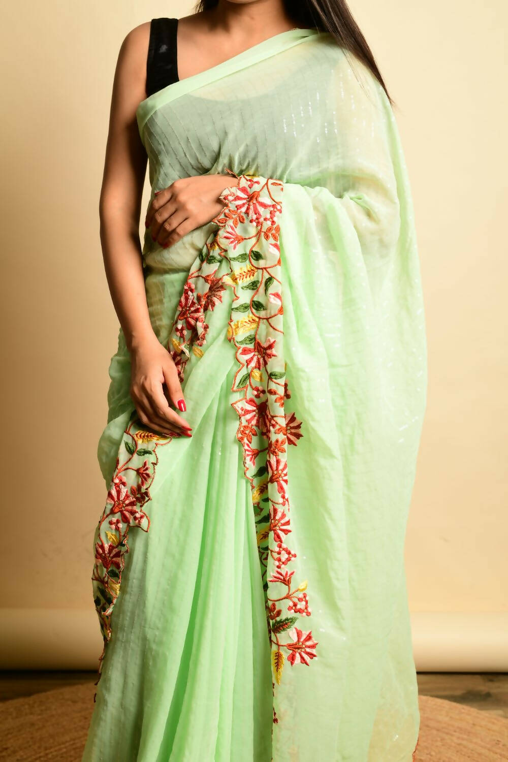Vamsee Green Georgette Designer Saree