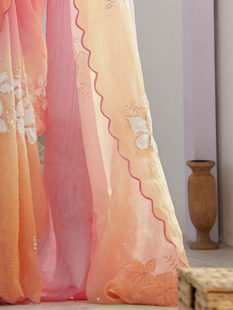 PR Fashion Pink_Orange Gold Crush Embroidery Work Saree