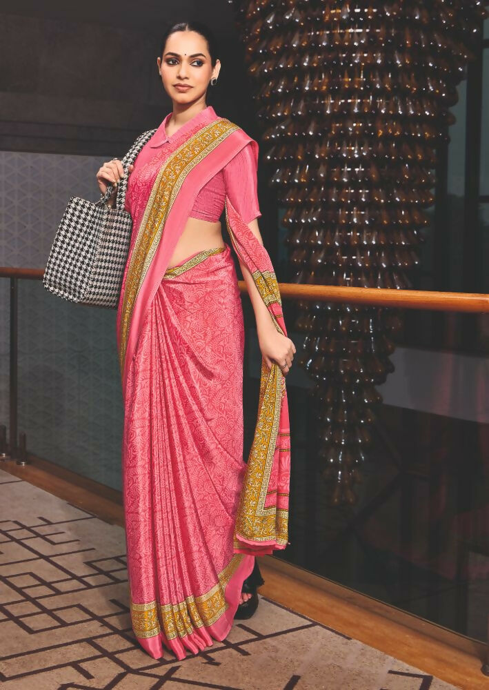 Joban Fashion Pink Crepe Silk with Traditional Print Saree
