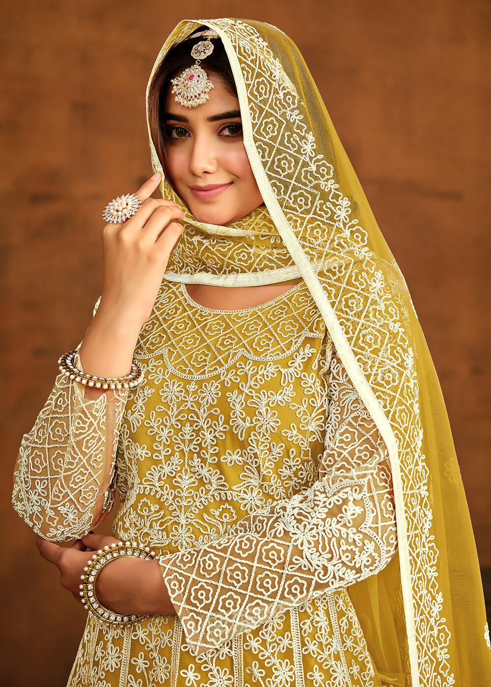 Yellow All Over Embroidered Net Wedding Anarkali Suit - Emponline