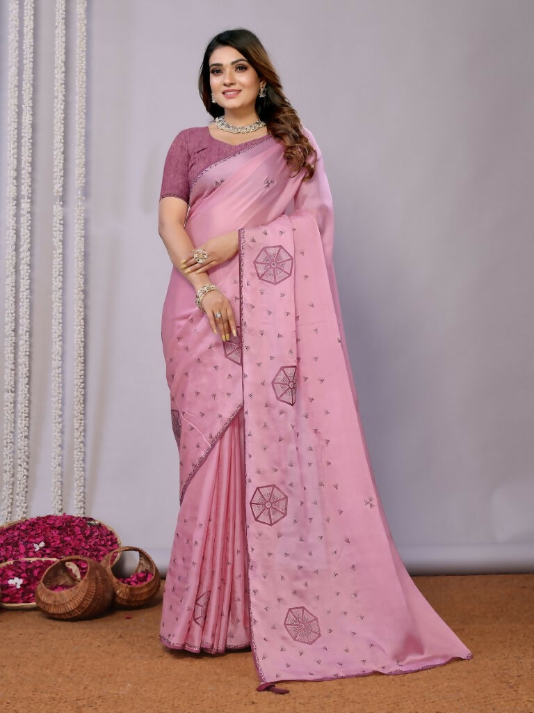 Pink Zari Organza Stone Work All Over Saree - Norita Saumya
