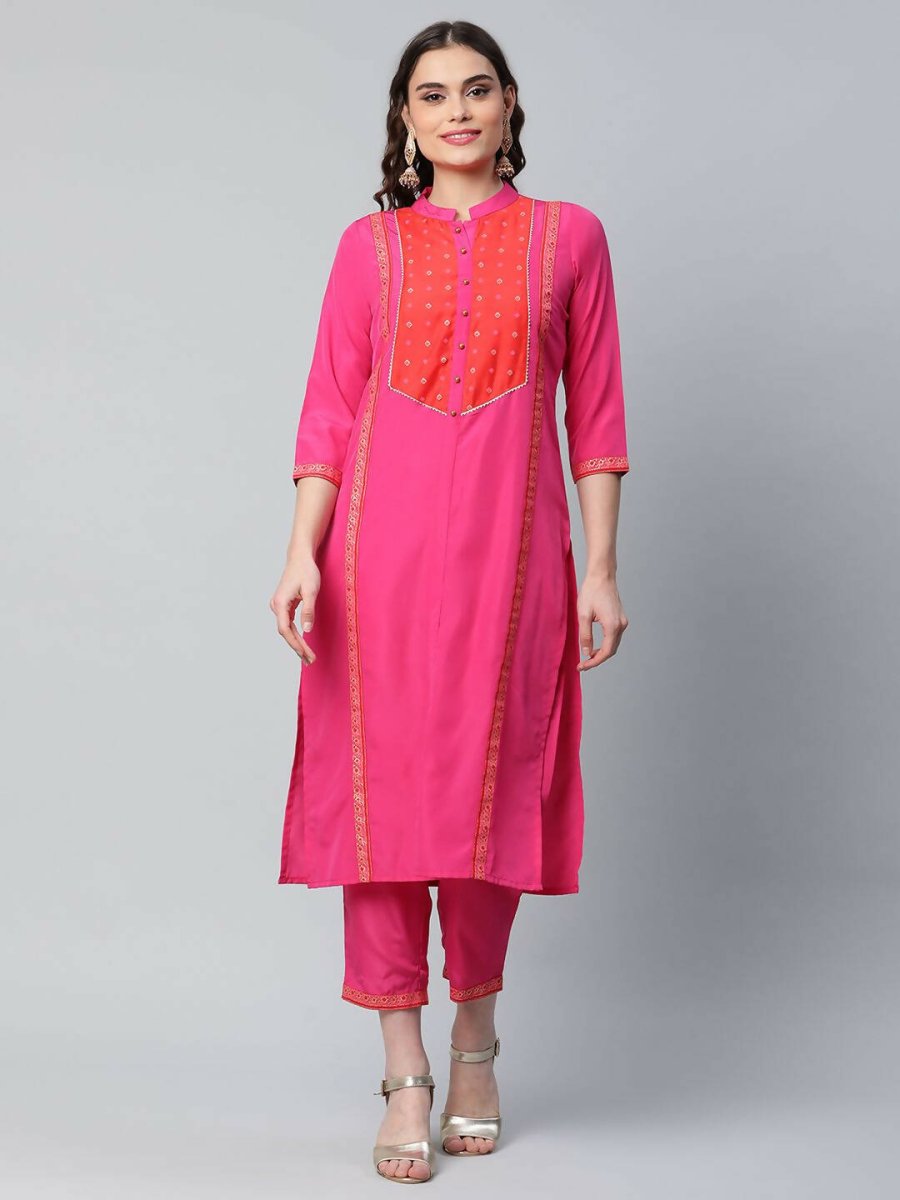 Ahalyaa Womens Pink Crepe Printed Kurta Pant Set