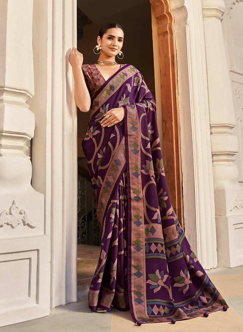 Monjolika Fashion Silk Blend Purple Printed Saree