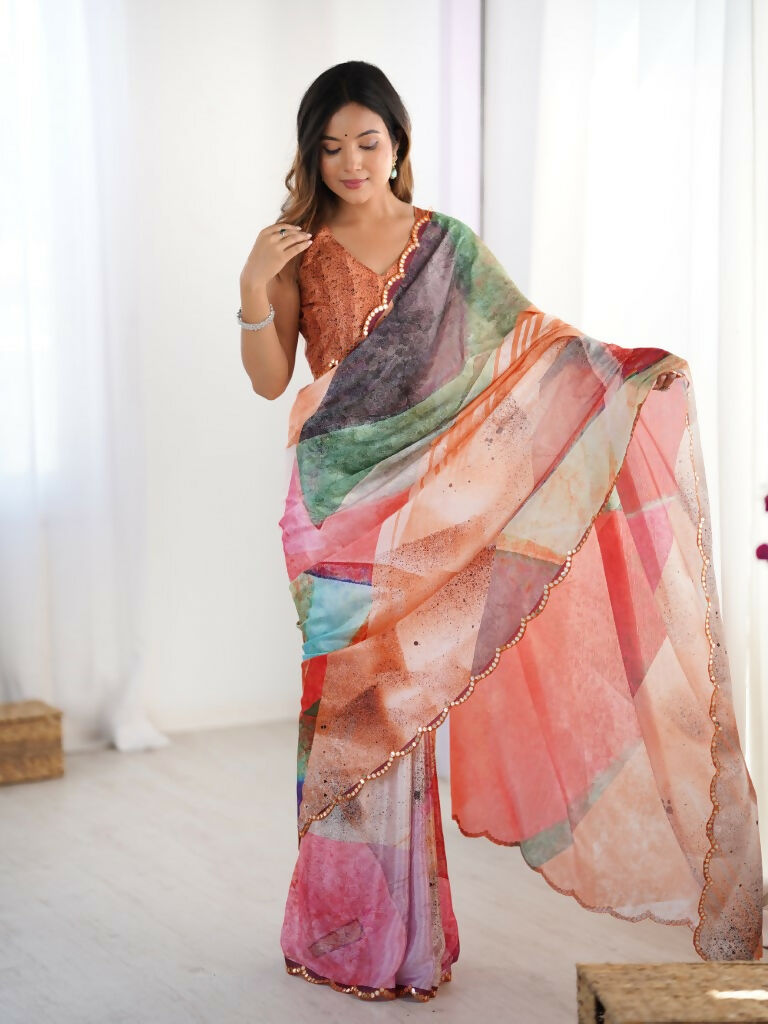 Multi Chinon Designer Digital Printed,Mirror Cut Work Saree - Sohni