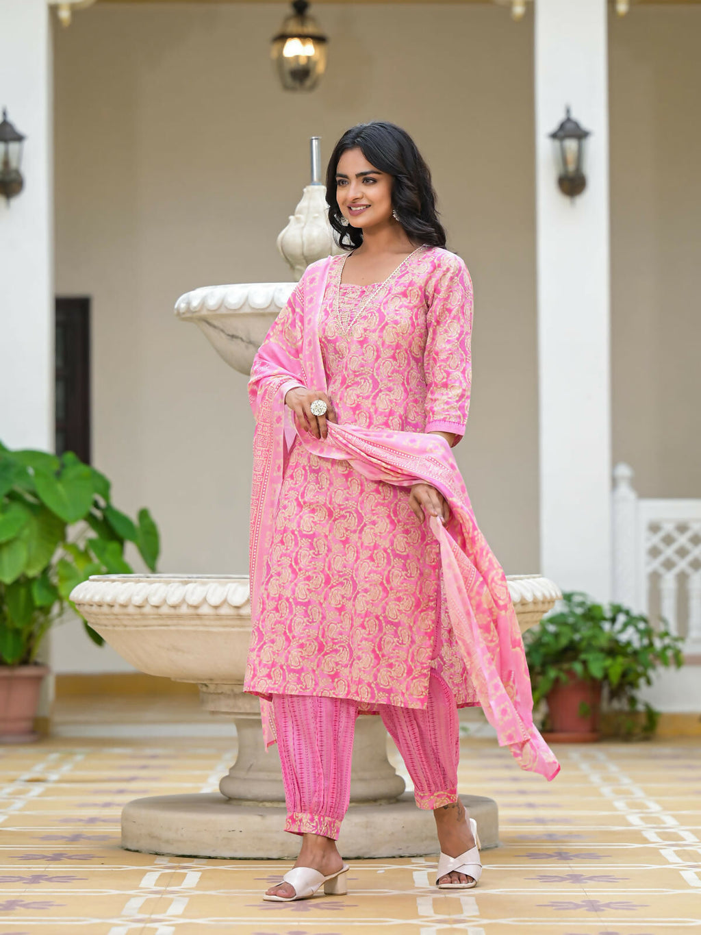 Juniper Women's Pink Ethnic Motif Printed Cotton Kurta Pant With Dupatta Set With Sequins & Lace