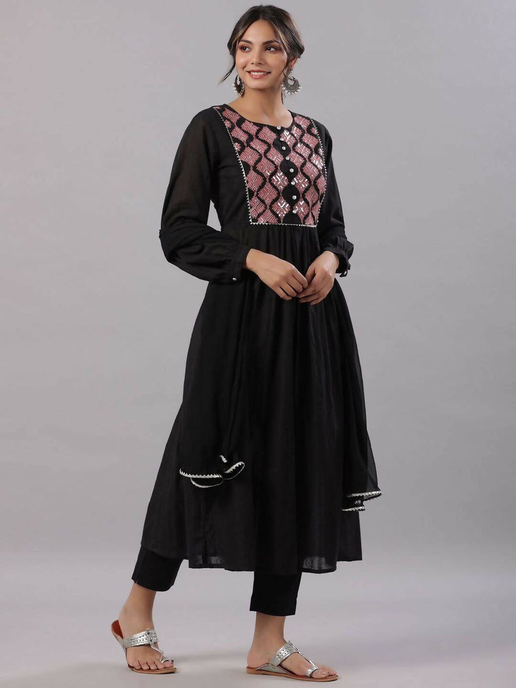 Juniper Women's Black Cotton Dobby Solid With Embroidery Flared Kurta Sets