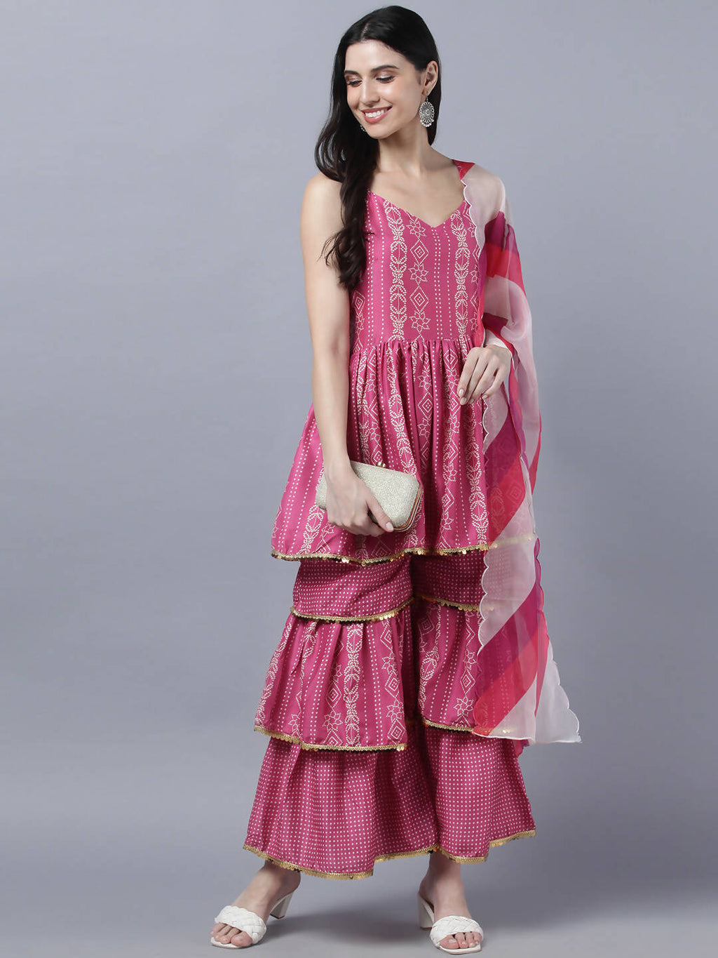 Myshka Stylish Pink Sleeveless Women's Kurta Sharara with Dupatta Set