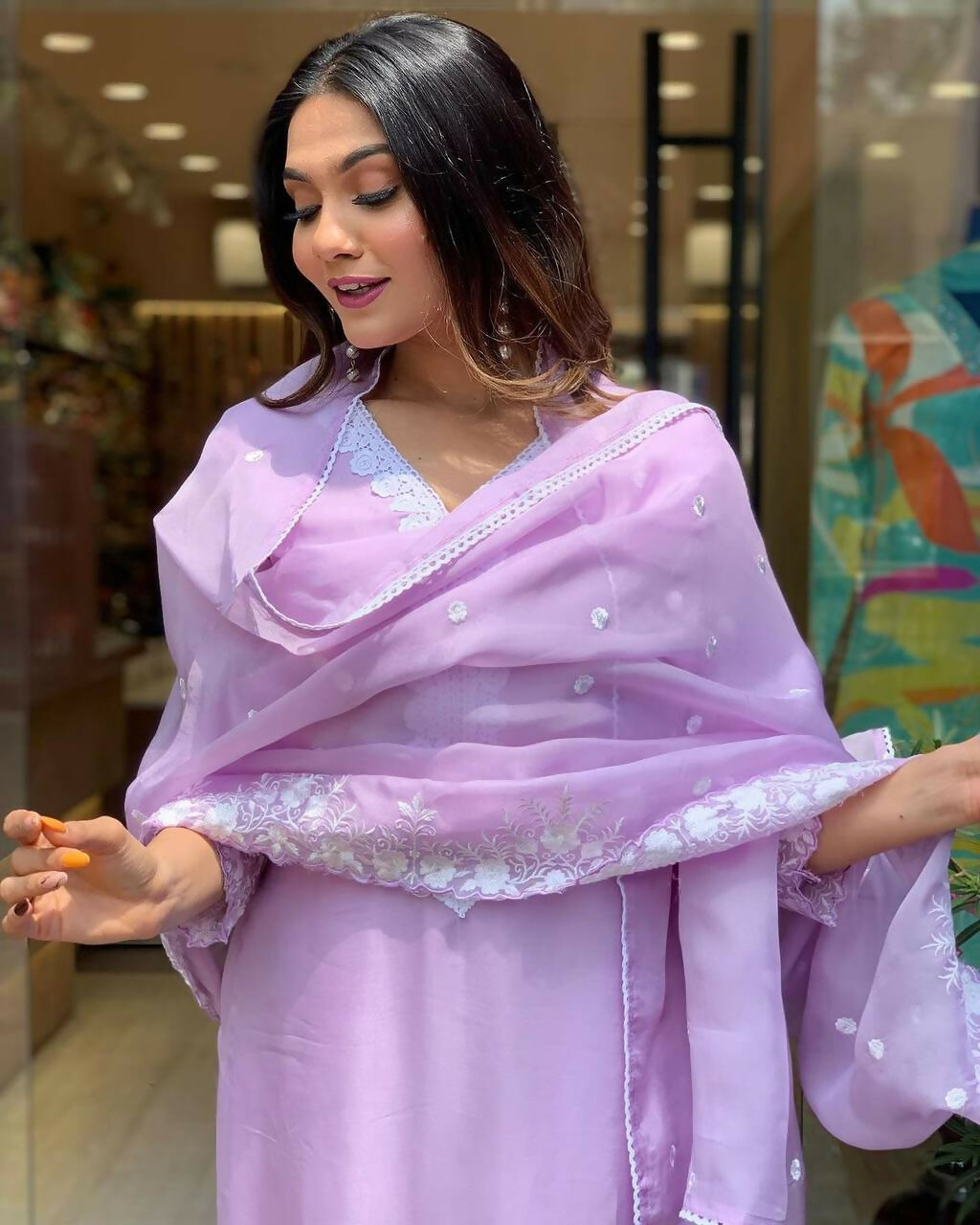 The52 Lavender Women's Gorgeous Embroidered Georgette Fabric Straight Kurta Pant with Dupatta Set