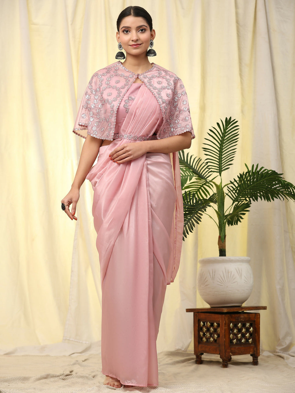 Pink Satin Solid Ready to wear Saree with stitched Blouse - Vanita