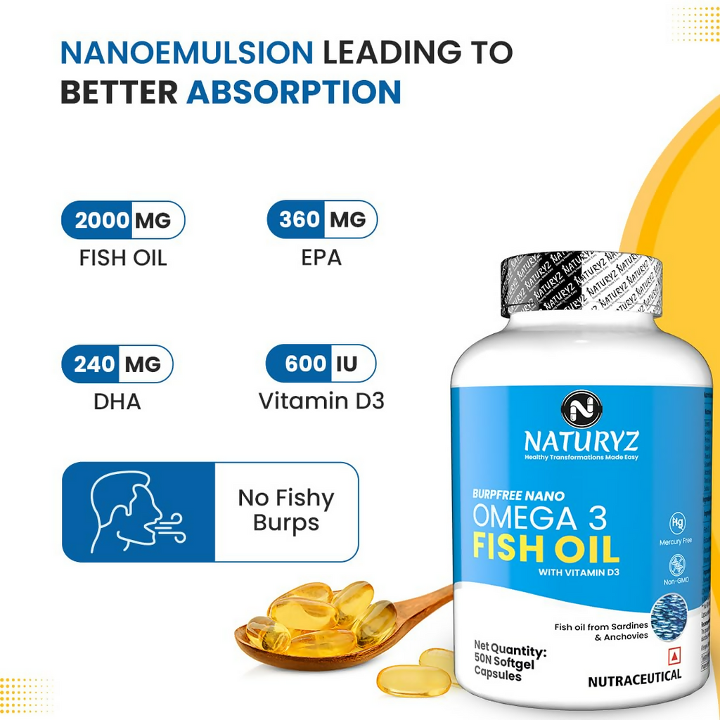 Naturyz Burpfree Omega 3 Fish Oil 2000 Mg With Vitamin D3 50 Softgels Capsules