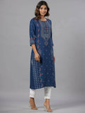 Juniper Women Navy Blue Printed Straight Kurta