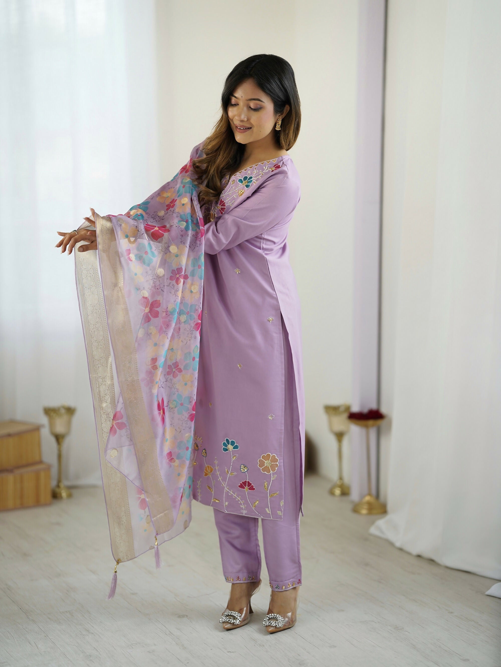 The52 Lavender Women's Gorgeous Embroidered work Viscose Gadhwal Fabric Straight Kurta, Pant and Dupatta Set