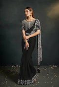 Black Silk Crepe Satin Cord Sequence & Thread Embroidered & Stone Work Saree - Moh-Manthan Royal Enigma