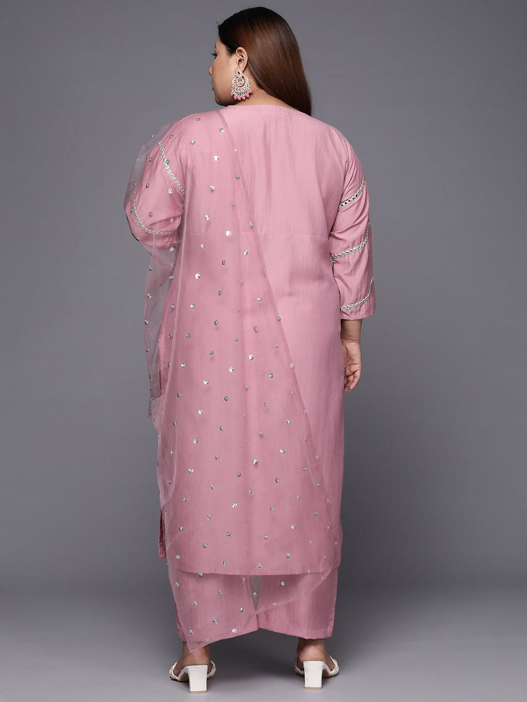 Sztori Plus Size Ethnic Motifs Embroidered Mirror Work Straight Kurta & Trousers & Dupatta