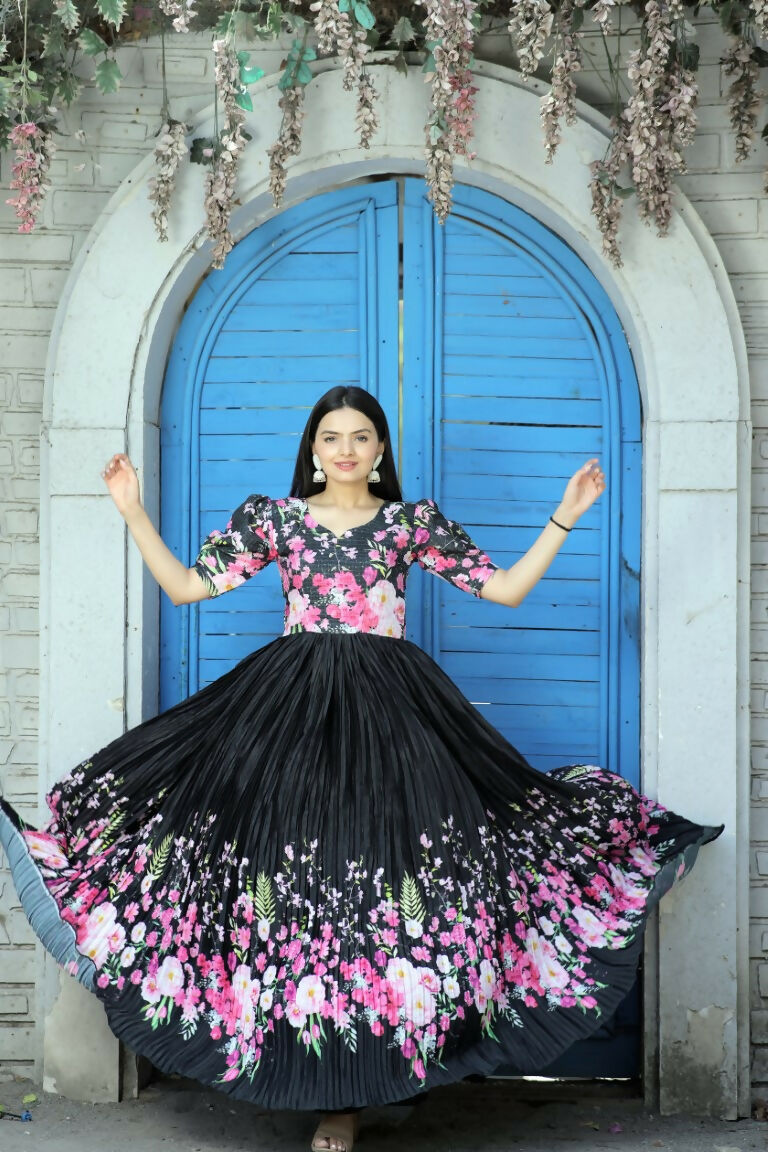 Jyoti Fashion Women's Black Floral Digital Printed Chinon Anarkali Dress