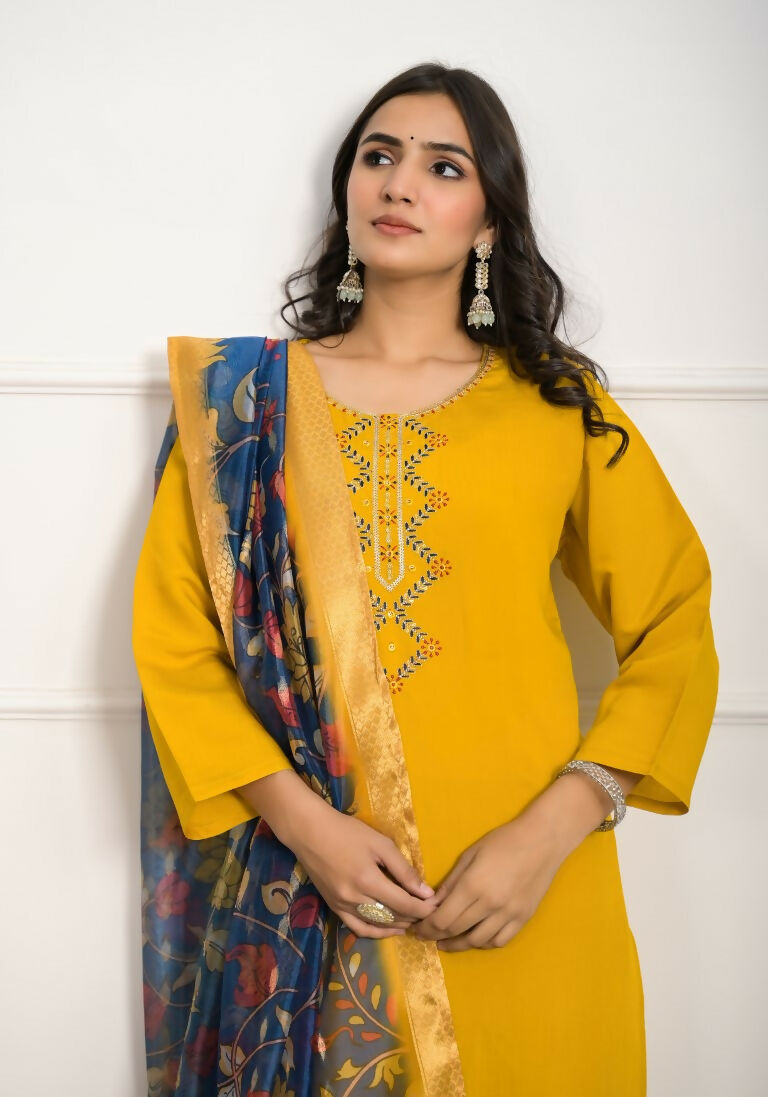 Festive Wear Ethnic YellowViscose Chanderi Stitched Suit With Dupatta - Tanisha