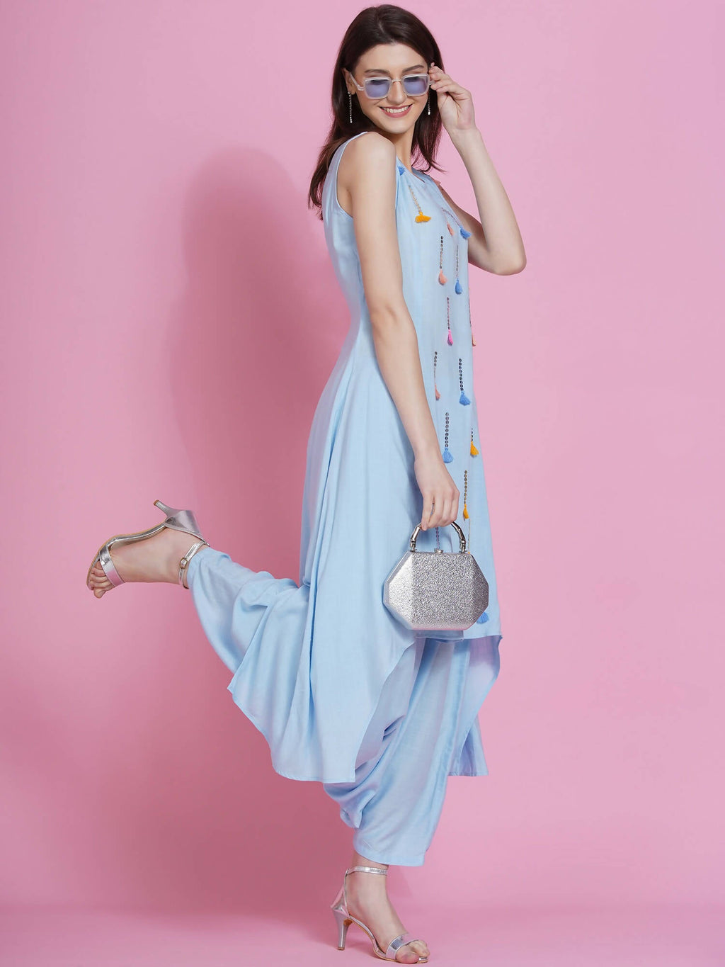 Women Republic Powder Blue Hand Embellished Kurta With Harem Pants