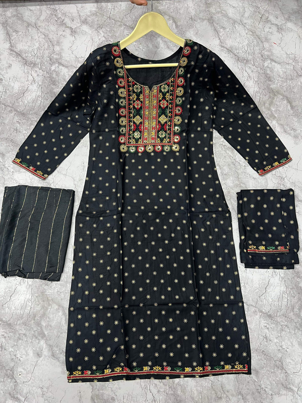 Jyoti Fashion Women's Black 14KG Rayon Foil Print with Embroidery Kurta Set