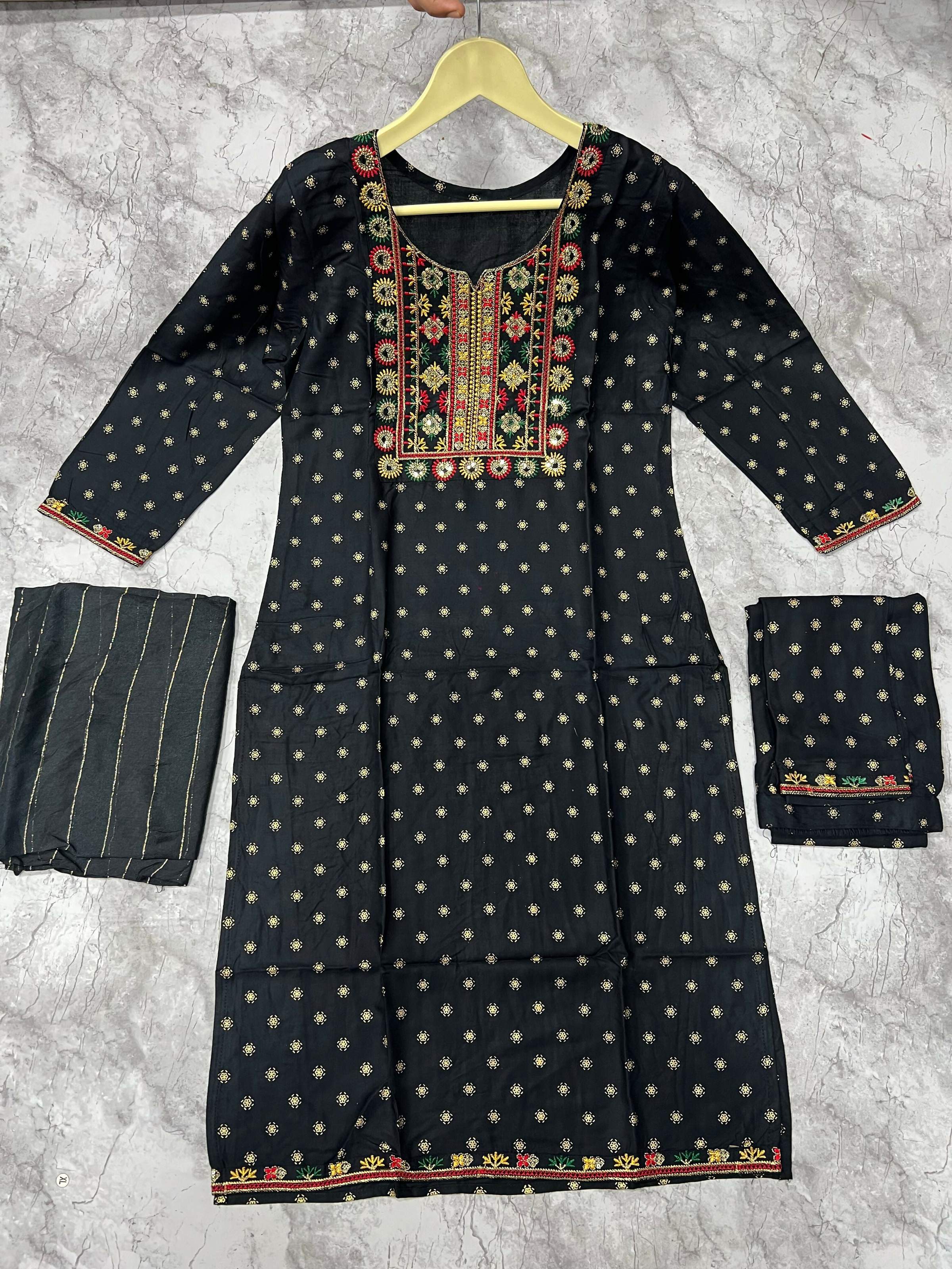 Jyoti Fashion Women's Black 14KG Rayon Foil Print with Embroidery Kurta Set