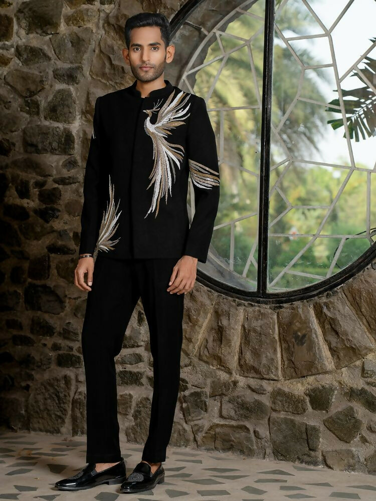 Black Bandhgala Elegance – Black Leaf Embroidery by Hilo Design
