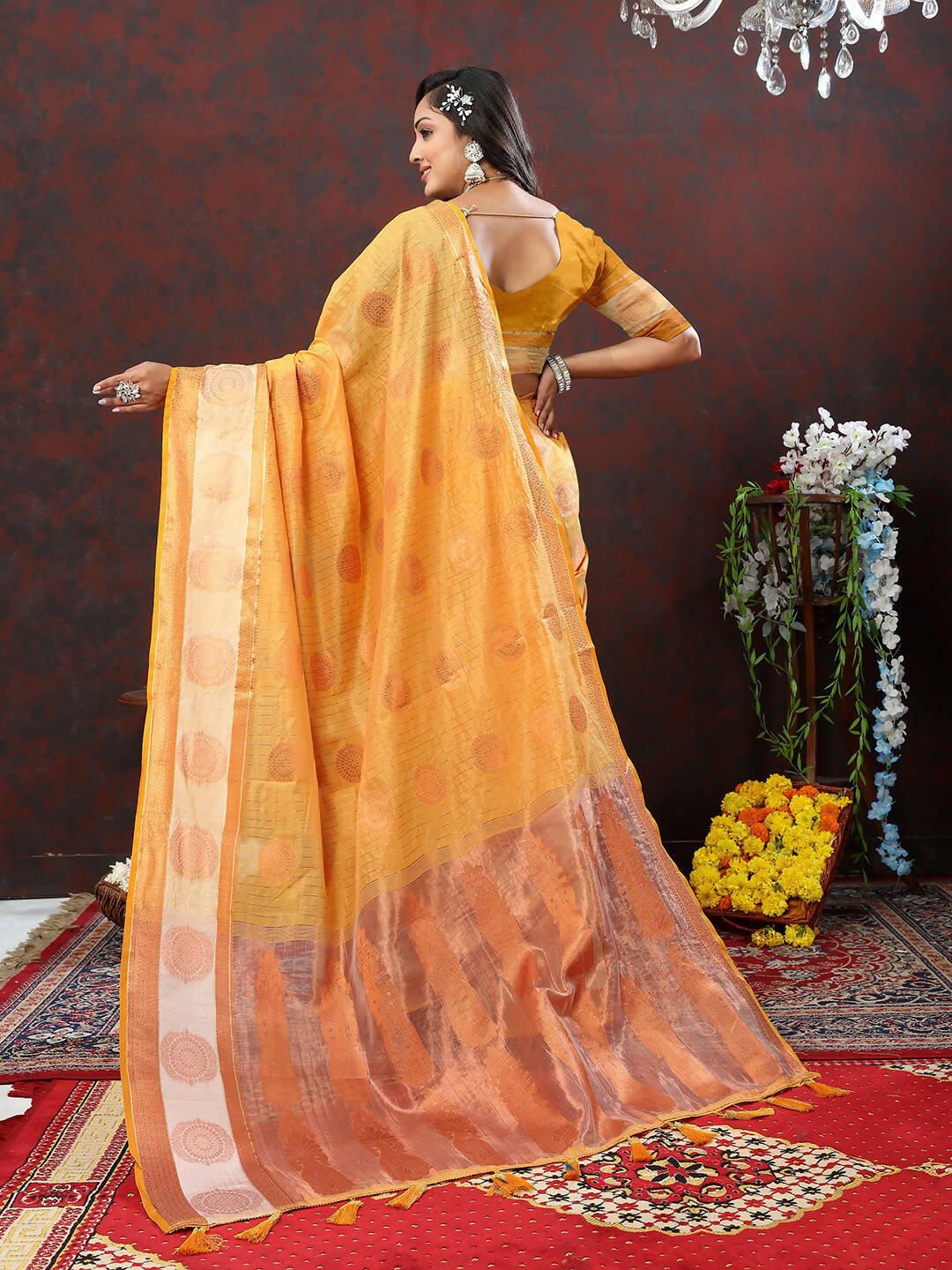 Lorenvalley Fashion Orange Cotton with Woven Design Zari Weaving Saree