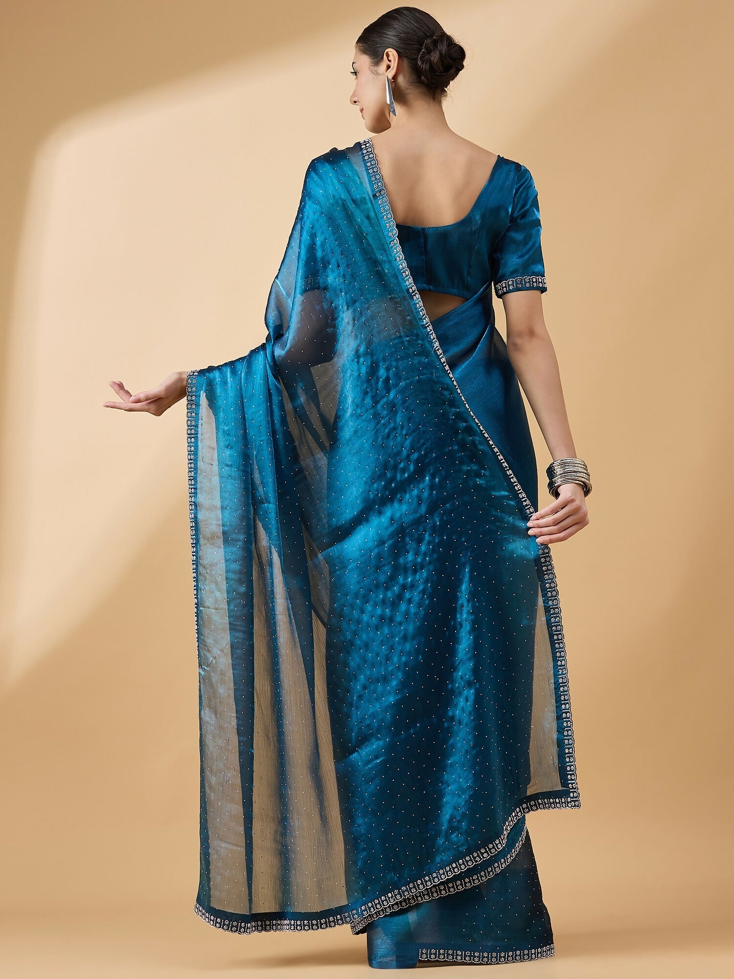 Teal Organza Swaroski Diamond Work Saree with Unstitched Blouse - Radha
