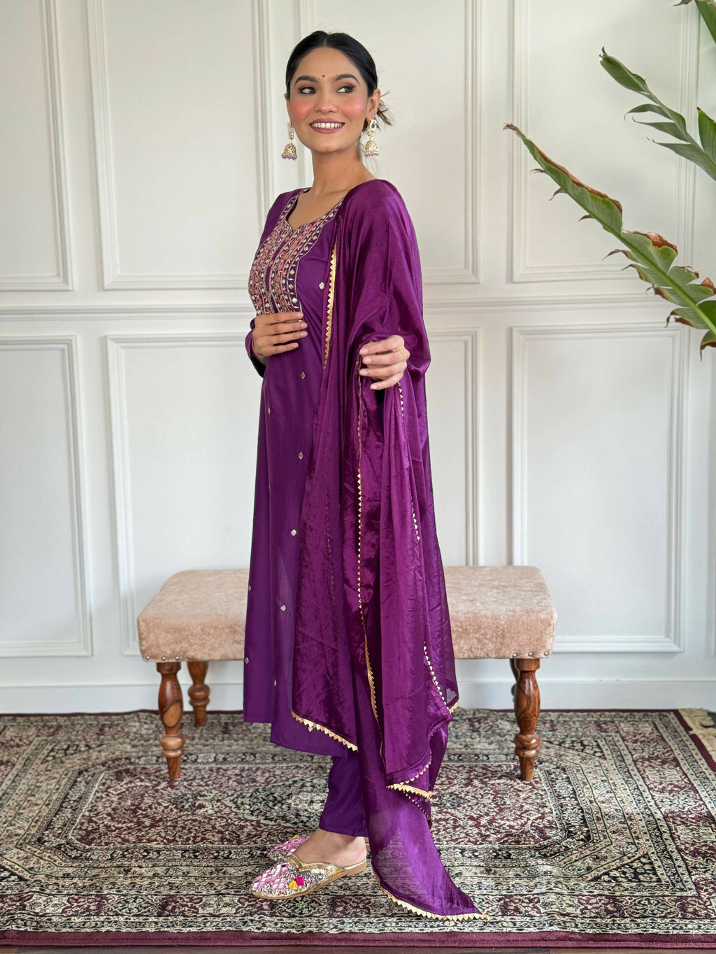 Partywear Designer Ryon Slub Wine Stitched Suit With Dupatta - Anbazaar