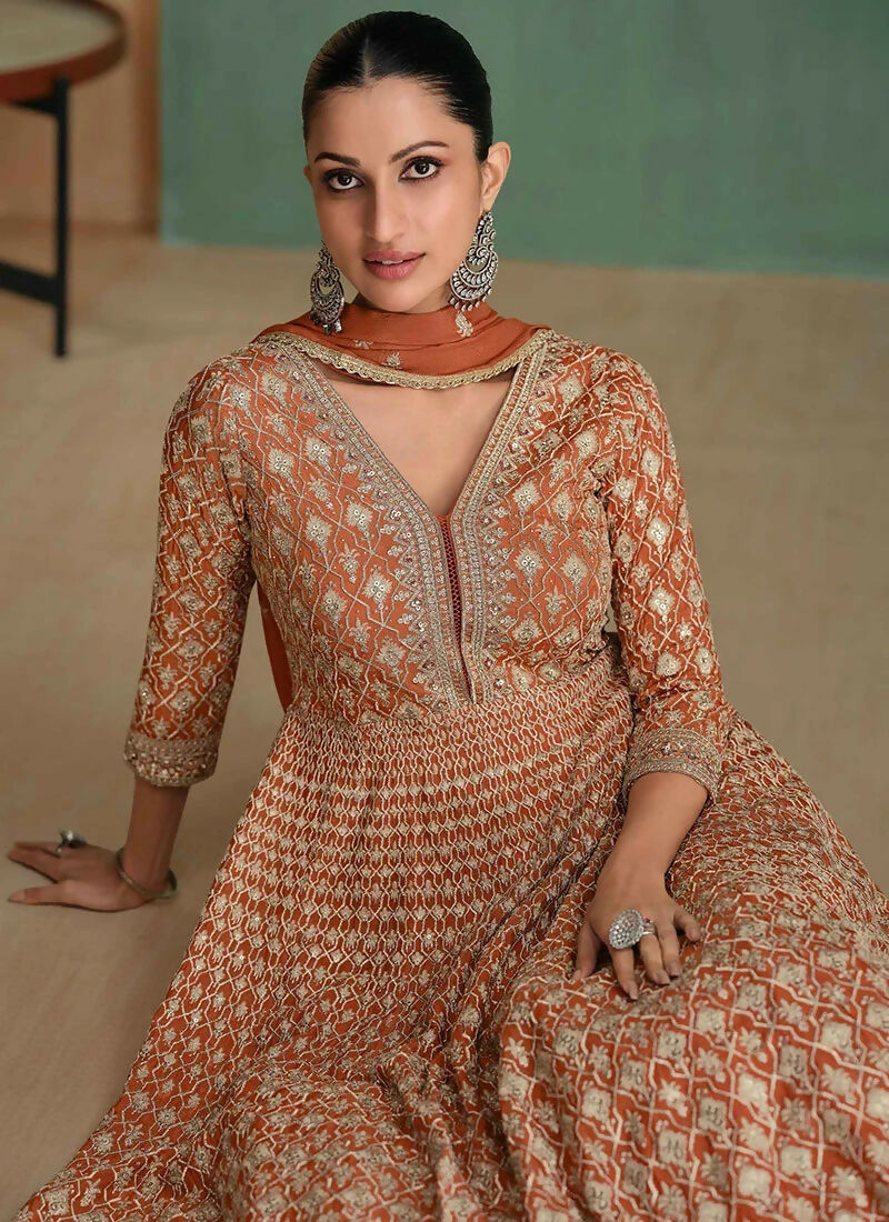 Vastranavya Brown Georgette Seroski Diamond Embroidered Sequins A Line Stunning Anarkali Suit