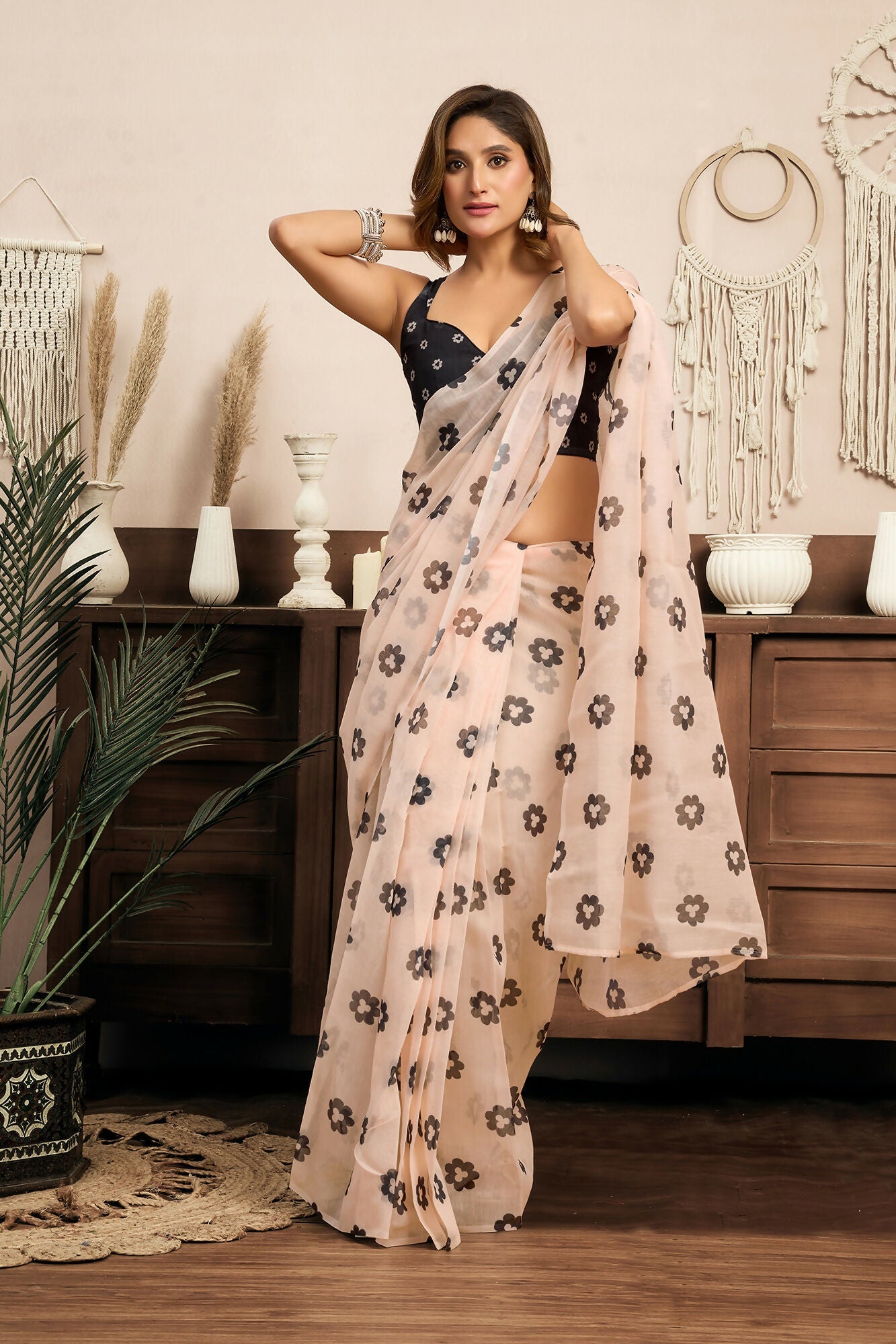 Vastranavya Cream Digital Printed Linen Ready To Wear Designer Saree with Unstitched Blouse