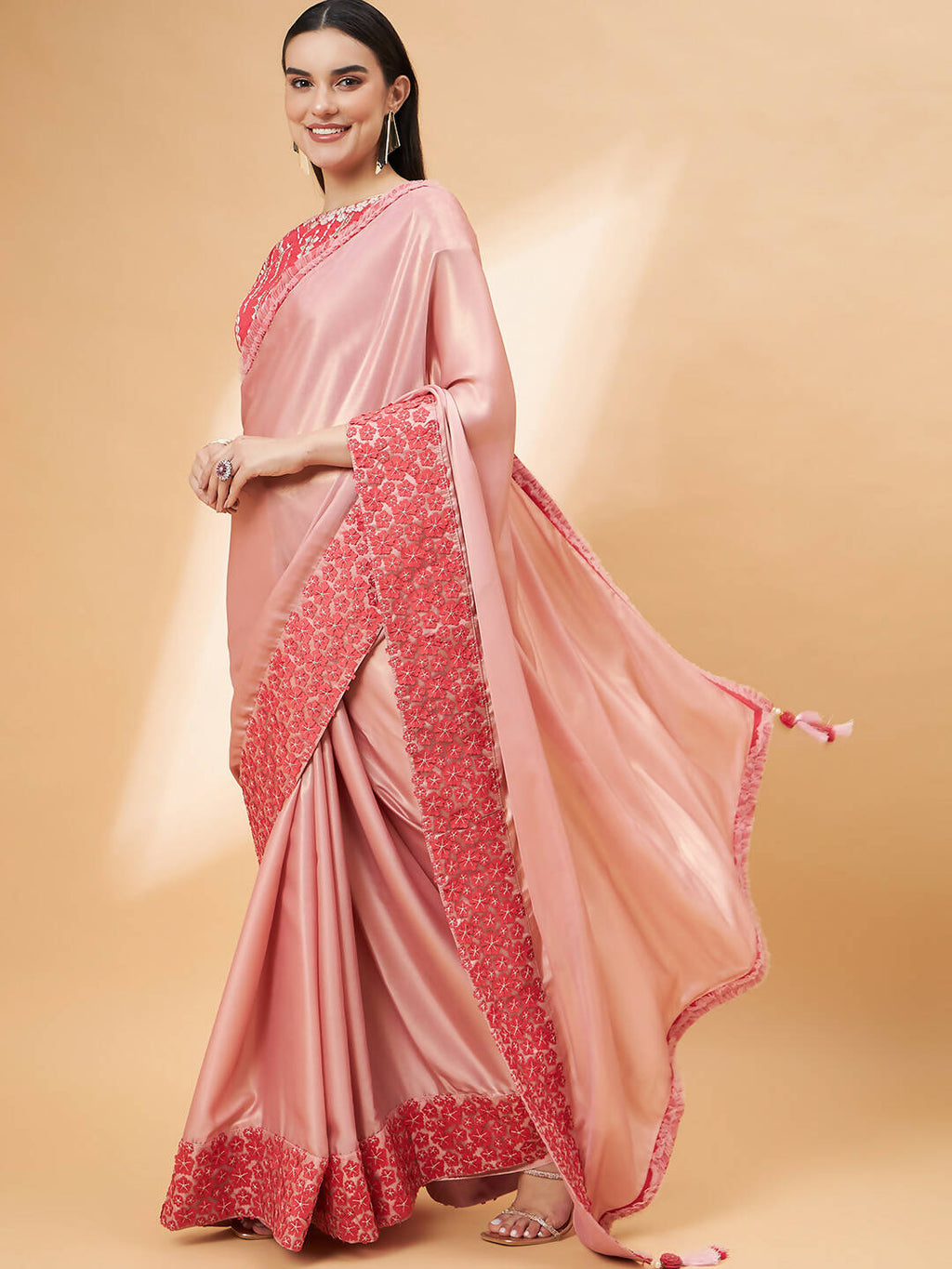 Light Pink Satin Georgette Laser Cut Floral Embroidery , Resham, Zari And Cord Embroidery Saree - Norita Hit Design