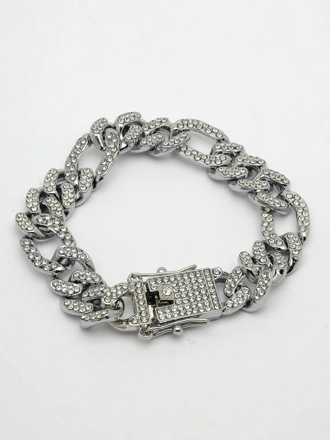 NVR Men Silver-Plated Stainless Steel American Diamond Studded Link Bracelet
