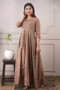 Partywear Designer Hand Screen and Foil Print Lightbrown Pure chanderi Gown - Anbazaar