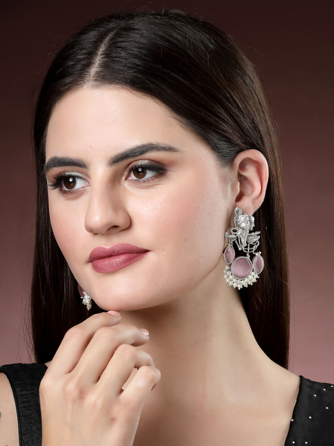 NVR Women's Silver-Plated Artificial Stones and Beads Radha Krishna Drop Earrings