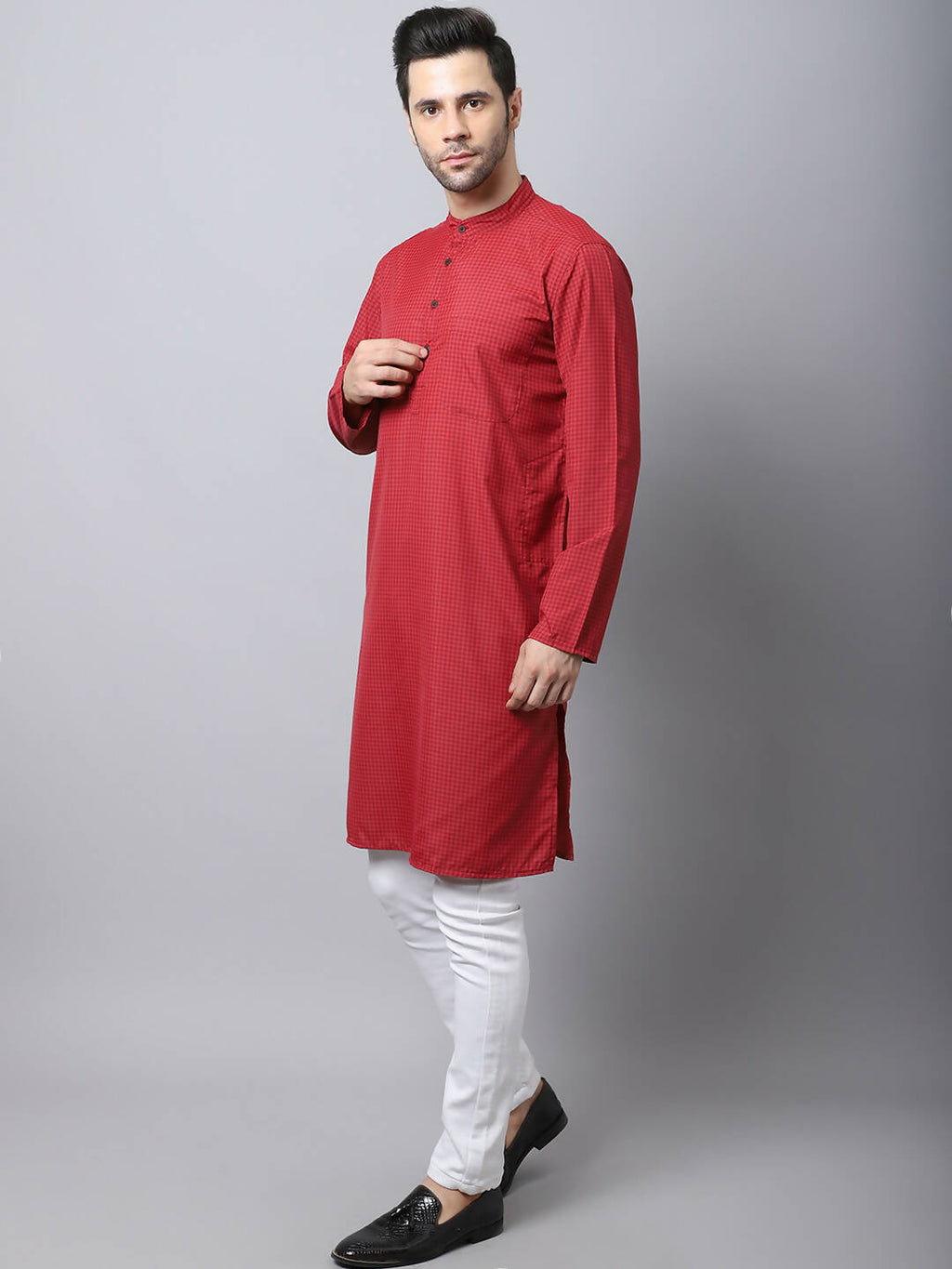 Even Apparels Maroon Cotton Checked Men's Kurta With Band Collar