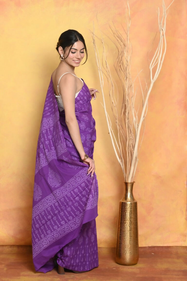 Very Much Indian Handblock Printed Cotton Saree With Natural Dyes - Purple
