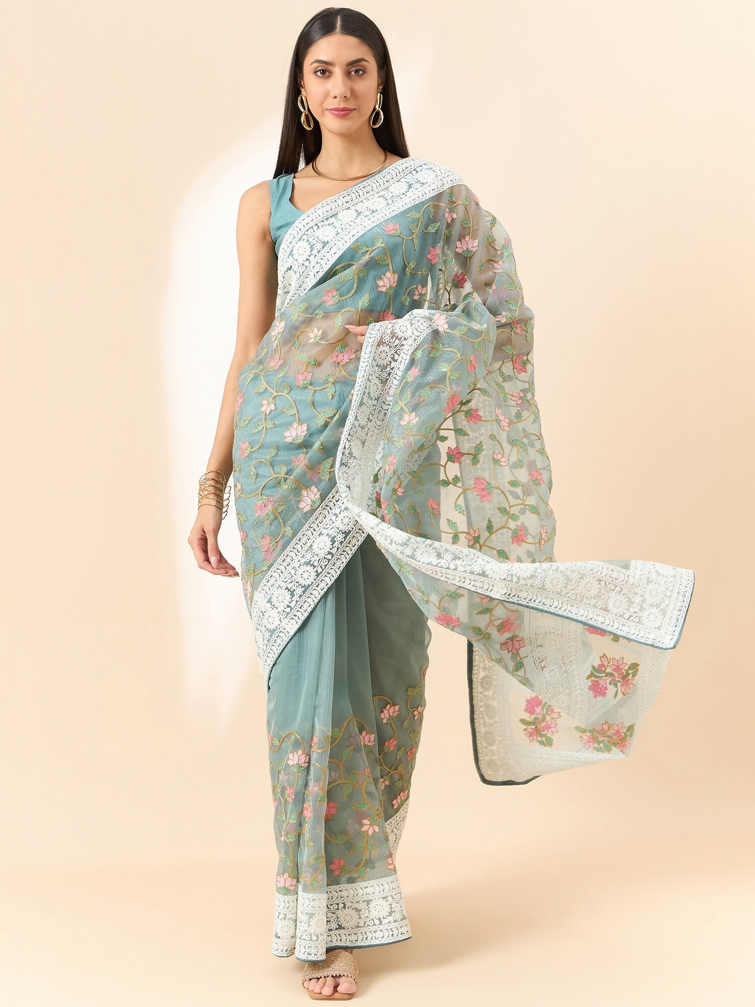 Blue Organza Floral Embroidered Saree with Unstitched Blouse Piece - Roozal