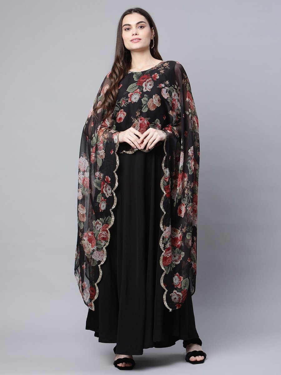 Ahalyaa Women Black Crepe Dress With Attached Dupatta