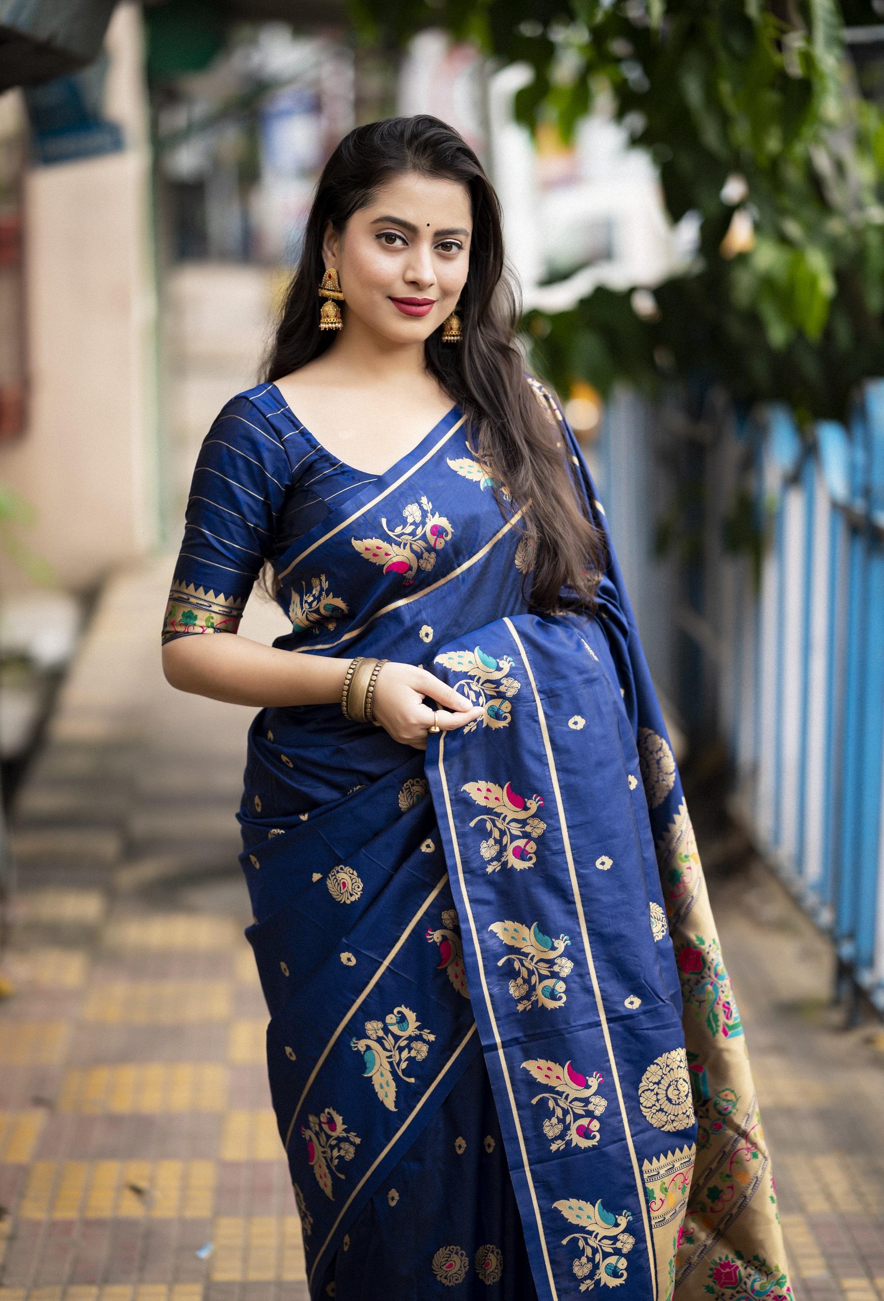 Navy Blue Pure Silk Woven Design Saree with Unstitched Blouse - Hiral Fashion