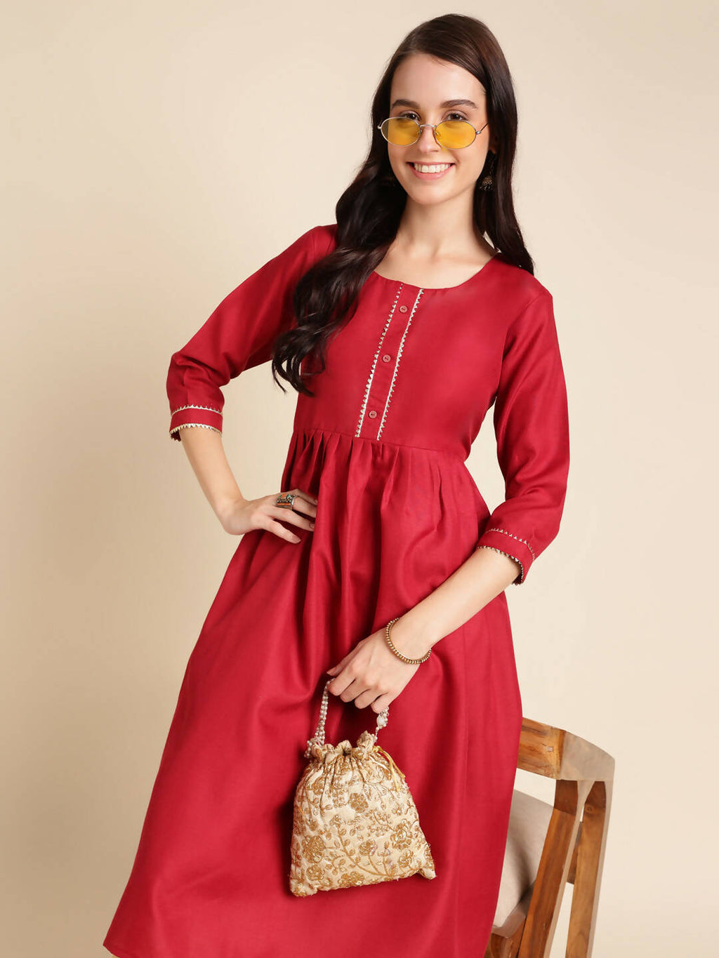 Red Poly Cotton Solid Nayra Cut Kurta - Tirtha