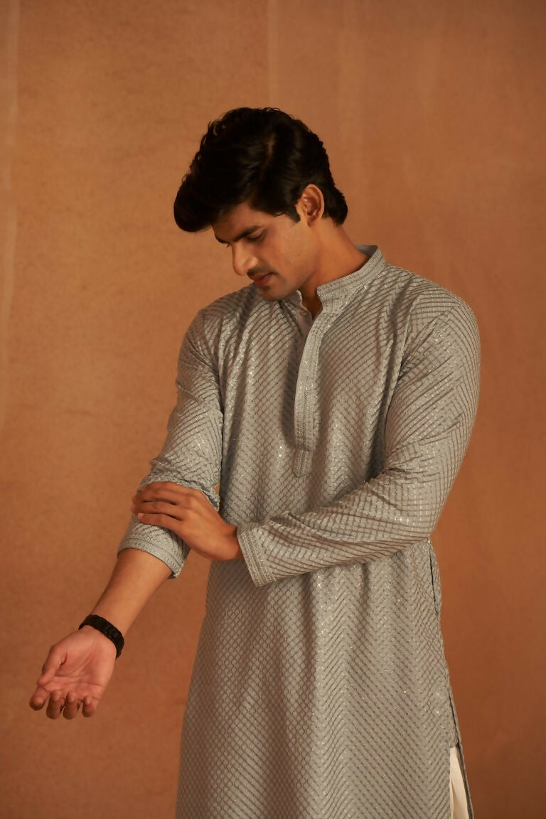 Grey viscose Chikankari Embroidery Work Men's Traditional Kurta Set - Mahotsav