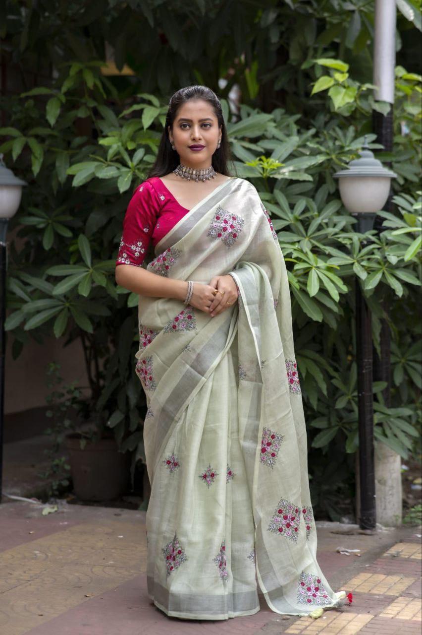 Green Pure Linen Ethnic Motifs Saree with Unstitched Blouse - Hiral Fashion